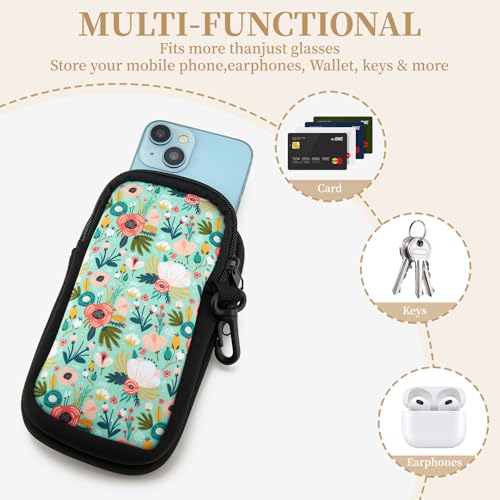 QIUTIMIY Sunglasses Soft Case Zipper Double Eyeglass Case with 2 Compartments 1 Belt Clip - color: Green Flower
