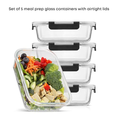 JoyJolt Glass Food Storage Containers with Lids. 5 Pack Glass Meal Prep Containers Reusable 35oz Single Compartment Airtight Container Set. Lunch Containers for Adults and Kitchen Storage Containers - color: Black