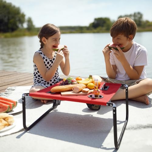 Portable Beach Table Foldable Camping Picnic Table with Cup Holder and Phone Pockets Lightweight Stable for Tailgate Travel Fishing Hiking and Outdoor Adventures(Red,Solid Pattern) - color: Red