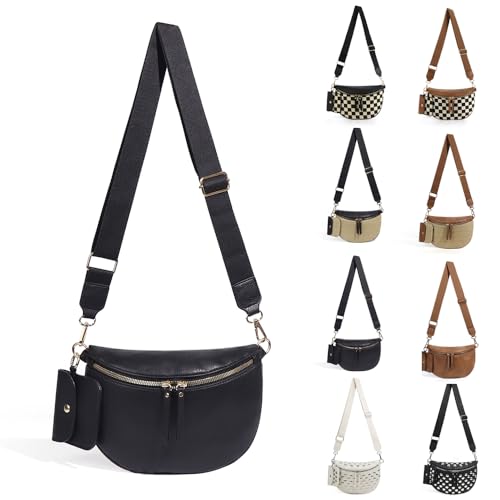 Checkered Crossbody Bag for Women Nylon Bum Bag Spacious Fanny Pack Adjustable Strap Lightweight Travel Everyday Purse Water Resistant Handbag (Solid Black) - color: Solid Black