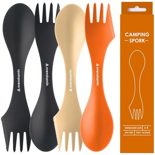 Reusable Camping Spork Set 4-Pack - 3-in-1 Travel Sporks, Lightweight Durable Utensils & Silverware for Outdoor Hiking - Black, Orange & Sand - color: Black/Orange/Sand 4P