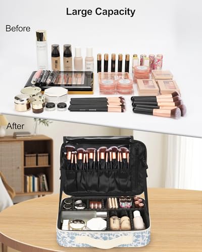 Relavel Large Makeup Bag, Cute Cosmetic Bags for Women and Girls Travel Makeup Organizer Bag Train Case 13.8 inches Makeup Brush Holder and Storage with Adjustable Dividers, Floral Print - color: Floral Print, size: Medium