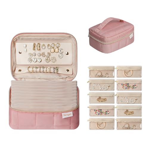 KarSyon Travel Jewelry Case Organizer Jewelry Box with 10 Velvet Pouches Mini Jewelry Organizers Storage for Women Small Cute Puffer Bags for Earrings,Rings,Necklaces,Bracelets (Dark Pink, Large) - color: Dark Pink, size: Large