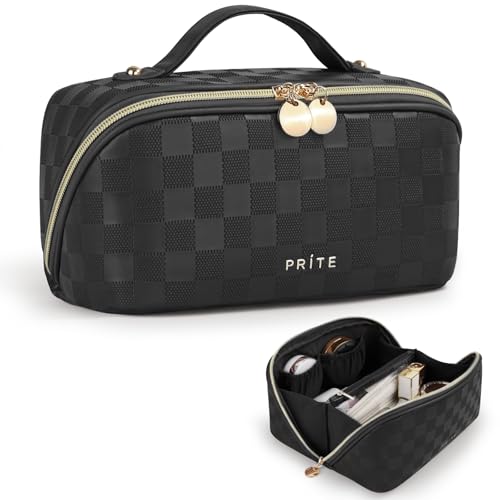 Prite Makeup Bag for Women Travel Waterproof Vegan Leather Cosmetic Bag Open Flat Toiletry Bag With Clear Divider and Handle (Plaid Black, Medium) - color: Plaid Black, size: Medium