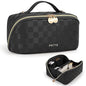 Prite Makeup Bag for Women Travel Waterproof Vegan Leather Cosmetic Bag Open Flat Toiletry Bag With Clear Divider and Handle (Plaid Black, Medium) - color: Plaid Black, size: Medium