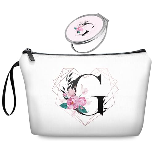 Initial G Bride Gifts for Women – Personalized Letter G Travel Makeup Bag Set with Mirror, Monogram G Cosmetic Pouch for Bridesmaid Maid of Honor Wedding Bridal Shower - color: Diamond-like Ietter G Floral-white-2S