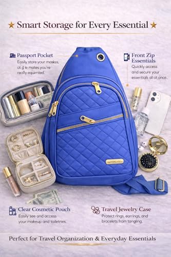 Travel Essentials Gift Set for Women – 7 Pc Travel Kit with Sling Bag, TSA Pouch, Jewelry Case & Sleep Mask - color: Mystic Blue