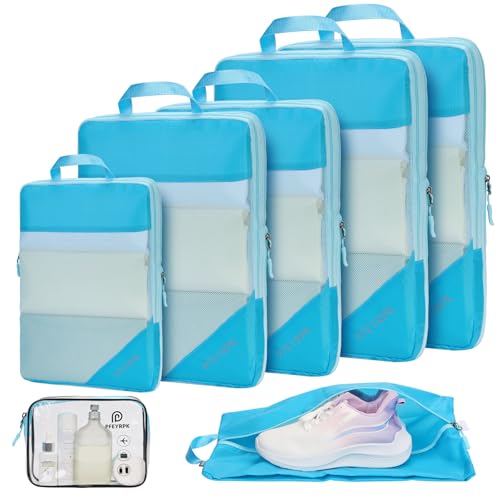 PFEYRPK Lightweight Compression Packing Cubes for Suitcases, Compressible Expandable Travel Packing Organizer with Clear Toiletries and Backpack Bag, Travel Essentials for Carry on Luggage 7 Set - color: Mesh/Bule, size: 7 Set