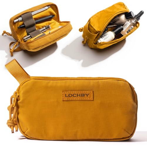 LOCHBY® Venture Pouch | Multipurpose Tactical Tool Bag | Water Resistant Waxed Canvas | Dual-Sided Zipper Pouch | for Motorcycle, Bike, EDC, Pen, Pencil, Art, Tech & Travel - color: Mustard, size: Mini