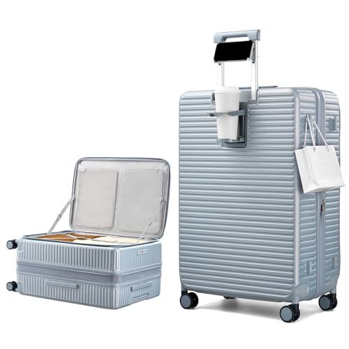 HanTrip Hard Shell Suitcases 28 Inch Large Checked Luggage with Spinner Wheels Cup Holder, Expandable Check in Luggage Lightweight Top Opening Luggage Big Rolling Suitcase with Lock, Silver - color: Arctic Silver, size: Expandable 28 Inch
