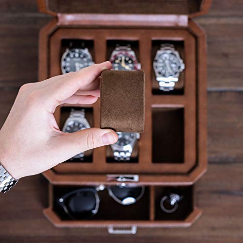 ROTHWELL 6 Slot Leather Watch Box with Valet Drawer - Luxury Case Display Organizer, Microsuede Liner, Locking Mens Jewelry Watches Holder, Men's Watch Storage Large Glass Top (Tan/Brown) - color: 6 Slot - Tan / Brown