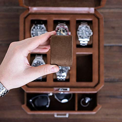 ROTHWELL 6 Slot Leather Watch Box with Valet Drawer - Luxury Case Display Organizer, Microsuede Liner, Locking Mens Jewelry Watches Holder, Men's Watch Storage Large Glass Top (Tan/Brown) - color: 6 Slot - Tan / Brown