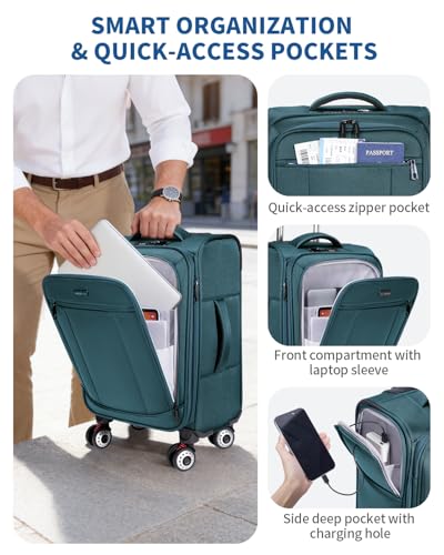 ECOHUB Carry On Luggage Airline Approved, 21 Inch Height Softside Carry On Suitcase with Spring Shock-Absorbing Spinner Wheels, Lightweight Travel Luggage with TSA Lock, Fits 22x14x9 Carry-On Bag - color: Turquoise