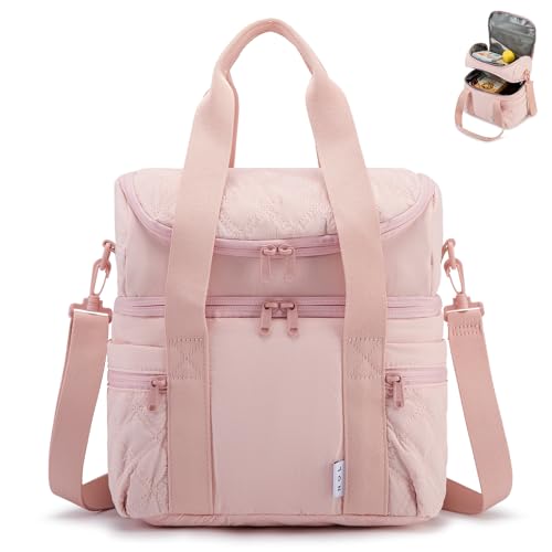 NOL Natural Organic Lifestyle Lunch Bag for Women - Large Double Deck Insulated Lunch Box Leakproof Reusable Lunch Cooler Puffer Lunch Tote Bag with Multiple Pockets for Work Picnic, Pink - color: Pink, size: Large