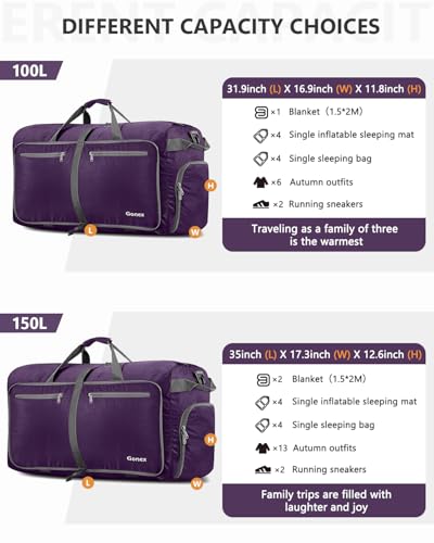 Gonex Large Foldable Travel Duffle Bag with Shoes Compartment, Packable Lightweight Water Repellent Duffel Bag for Camping Gym Weekender Bag - color: Purple, size: 60L
