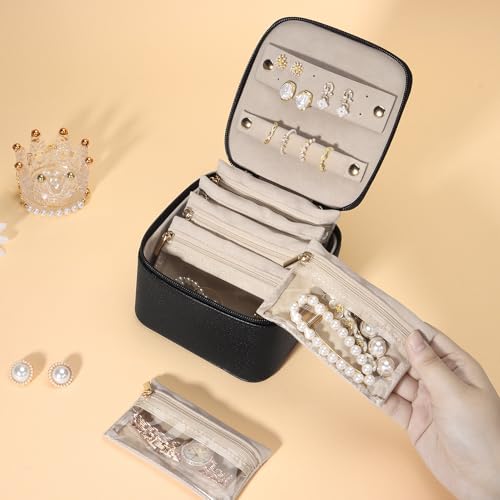 DesignSter Small Jewelry Box, Travel Small Jewelry Organizer with Earring Tray and Ring Holder, Square Travel Jewelry Storage Case with 6 Velvet Jewelry Pouches, Black - color: Black