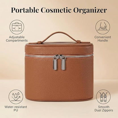 Leather Make Up Bags With Compartments, Brown travel Cosmetic Bags for Women, Parallel Makeup Travel Bags Organizer Equipped With a Detachable Divider - color: Brown