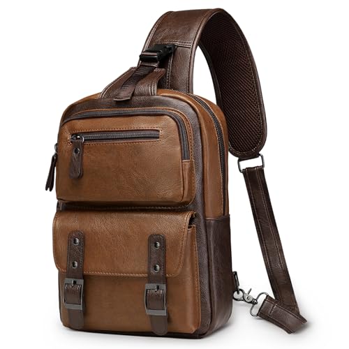 Vintage PU Leather Sling Backpack, Crossbody Shoulder Bag with Adjustable Strap, Multi-Pocket Compact Travel Chest Bag for Daily Use, Light Brown - color: Light Brown
