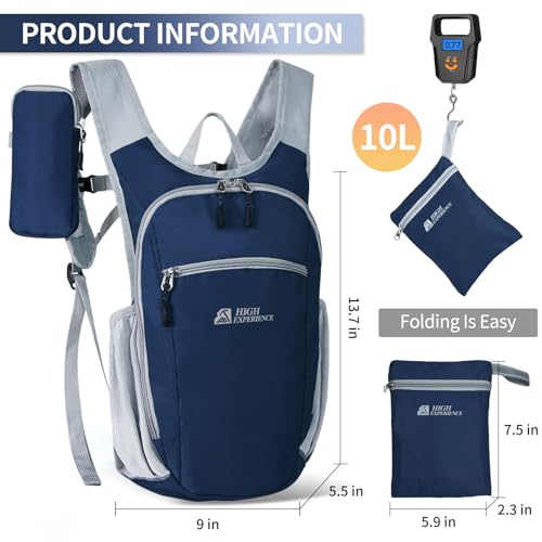 Hiking Backpack 10L/15L Small Daypack Lightweight Packable Travel Foldable Water Resistan for Women Men (Navy Blue, 10L) - color: Navy Blue, size: 10L