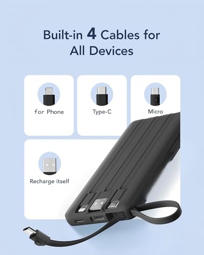 VRURC Portable Charger, Built-in 4 Cables Slim Power Bank 10000mAh, USB C Charging Bank with LED Display, Compact Travel Battery Pack with 5 Outputs for Multi Devices, Android-Black(1 Pack) - color: Black
