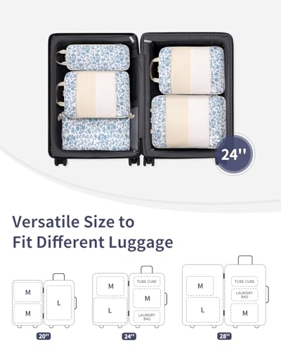Narwey 6 Set Compression Packing Cubes for Travel Women Men, Travel Cubes for Carry On Suitcase, Durable Compression Luggage Organizer Bags - color: ZZZ-Little Blue Flower