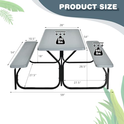 COSTWAY Outdoor Picnic Table, HDPE Plastic Picnic Table Bench Set with Weather Resistant Tabletop & Wood Texture, Ideal for Patio, Backyard (59" D x 54" W x 28.5" H,Grey) - color: Grey