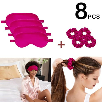 Satin Eye Mask 8Pcs Silk Sleep Masks Silky Blindfold Eyeshade Blackout Eyes Cover Scrunchies Hair Ties Travel Wedding Gifts - color: Hot Pink
