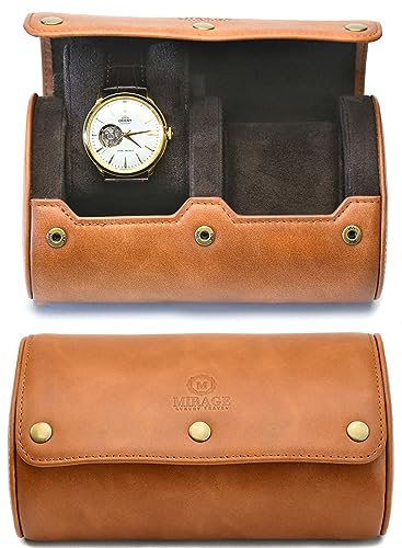 Watch Travel Case for Men 2 slot – Watch Roll – Brown Full Grain Cow Leather - color: Cow Real Leather/2 watches roll