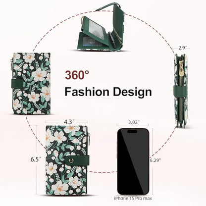 yiijay Womens Wallet RFID Blocking Vegan Leather Trifold Clutch Credit Card Holder Ladies Travel Wallet Purse with Pen Holder - color: 2Flora Green