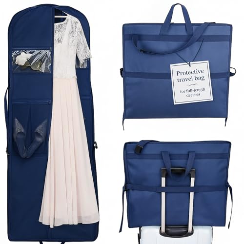 Wedding Dress Garment Bag 72" – Waterproof Trifold Travel Garment Bag for Bridal Gown with Shoulder Strap, Suitcase Sleeve & Accessory Pockets – Fits Full Skirts, Oxford Fabric, Carry Handle - color: Navy