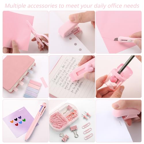 Pink Mini Office Supply Kit Mini School Supplies Desk Accessory Set Includes Mini Stapler Pencil Sharpener Staple Remover Hole Punch Ballpoint Pen Scissor Box Cutter Paper Clips Sticky Index Tabs - color: Pink