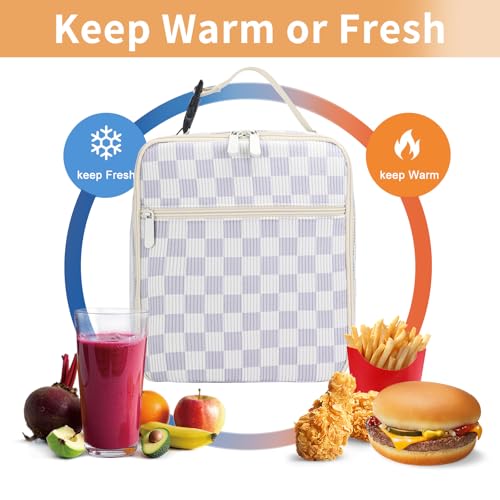 Lunch Box for Women Men Adult Insulated Lunch Bag Women Men Small Reusable Lunchbox for Work Picnic Travel (Beige-Purple Plaid) - color: Beige-Purple Plaid