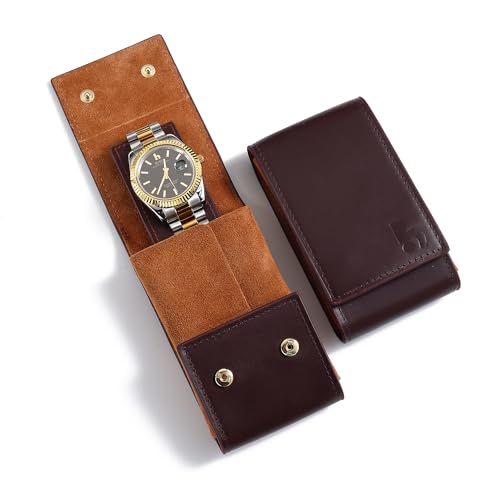 BUREI Leather Watch Travel Case Pouch Portable Watch Case for Men Single Watch Band Storage Bag Watch Accessories (Brown Black) - color: brown orange