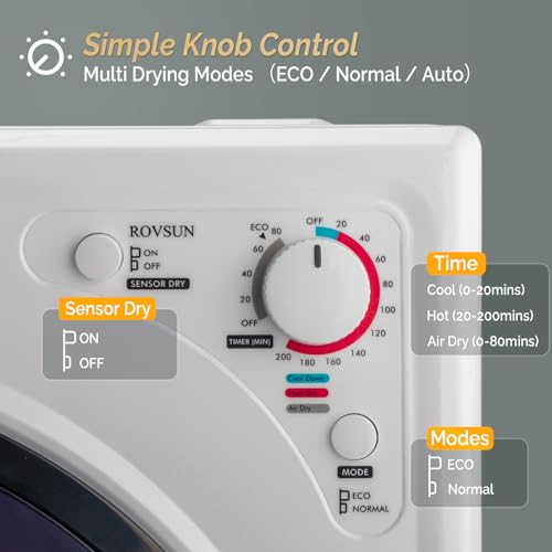 ROVSUN 2.6 Cu.Ft. Portable Dryers for Laundry, Compact Portable Clothes Dryer with Stainless Steel Tub, Dryer Machine, 110V Electric Dryer with Control Knob for Apartment, Dorm, RV, White, 1400W - style: 2.6 CU. FT.