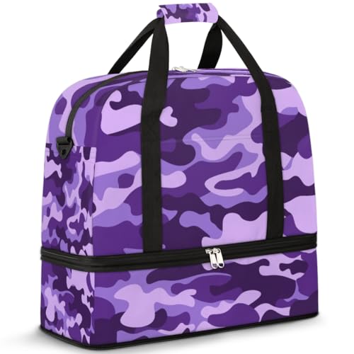 Travel Duffle Bags With Shoes Compartment for Women Men Purple Camouflage Camo Lightweigh Sports Tote Gym Bag Foldable Canvas Weekender Overnight Carry On Luggage Handle Bag - color: A05: Purple Camouflage Camo
