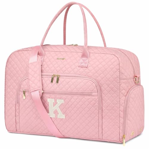 Letter Travel Duffle Bags for Women - Initial Personalized Weekender Bag with Shoe Compartment Carry On Overnight Bag with Toiletry Bag Duffel Bags Hospital Bags Birthday Gifts Pink (Letter K) - color: Z-Pink K