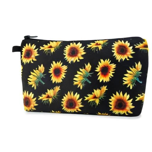 MAGEFY Sunflower Makeup Bag for Women, Portable Travel Cosmetic Bag with Black Zipper Pouch Waterproof Makeup Pouch Multifunctional Small Bag for Women (1 pack, sunflower 0173) - color: sunflower