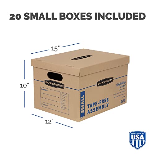Bankers Box Small Classic Moving Box 20 Pack, Reinforced Handles, Tape-Free Assembly, Box with Lid, 15" x 12" x 10", Cardboard - size: 20 Pack