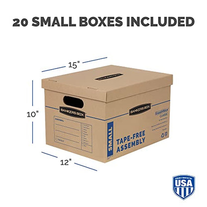 Bankers Box Small Classic Moving Box 20 Pack, Reinforced Handles, Tape-Free Assembly, Box with Lid, 15" x 12" x 10", Cardboard - size: 20 Pack
