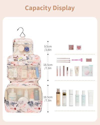 Narwey Small Hanging Travel Toiletry Bag for Women, Travel Bag for Toiletries, Makeup Bag Organizer Cosmetic Bags Make Up Bags for Girls - color: Beige Flamingo