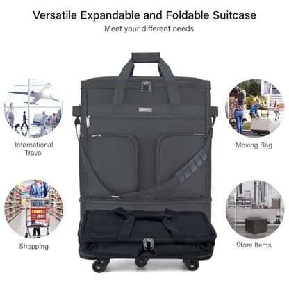 Hanke Expandable Collapsible Luggage with Wheels, Black Upgrade Version 2, 98L, Water-Resistant, 5 Spinner Wheels, 3 Pockets, Polyester, 19x13x27.2 inches, 6.1lb, Carry-On Luggage, Travel, Vacation - color: Black Upgrade Version 2