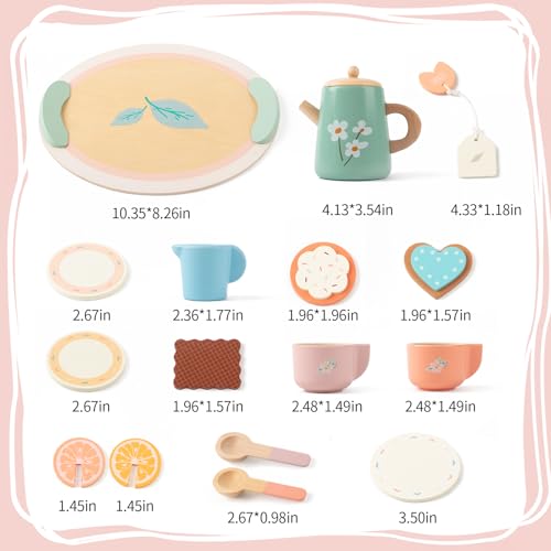 Tea Party Set for Little Girls, Wooden Kids Tea Set with Teapot Cups Coasters Carrying Dessert, Picnic Outdoor Toys Pretend Play Kitchen Accessories for 3 4 5 Years Old
