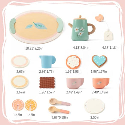 Tea Party Set for Little Girls, Wooden Kids Tea Set with Teapot Cups Coasters Carrying Dessert, Picnic Outdoor Toys Pretend Play Kitchen Accessories for 3 4 5 Years Old