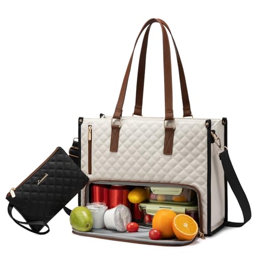 LOVEVOOK Lunch Tote Bag for Women, 15.6 Inch Laptop Bag with Insulated Lunch Compartment, Quilted Large Capacity Computer Handbag with Purse for Business, Work, Nurse, Office, Collage, Casual - color: Beige-black-brown, size: 15.6 Inch