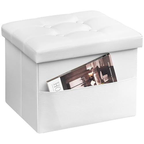 AmasSmile White Storage Ottoman Folding Foot Rest Stool with Side Pocket, 16 inch Leather Footstool Bench, Short Ottoman Bench, Storage Foot Rest Store, Books - color: White 1 Pack, size: 16"*12"*12"with side pockets