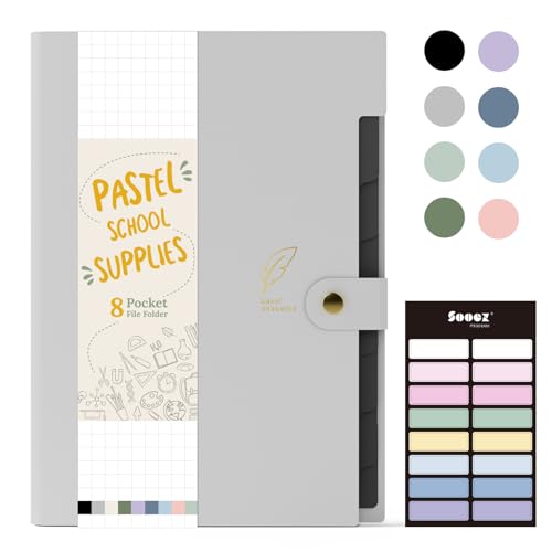 Sooez Aesthetic 8 Pocket Accordion File Organizer, Pastels Expanding File Folder for Important Document with Labels, Portable Receipt Bill Organizer for Office School Supplies, Letter Size Light Grey - color: Light Grey