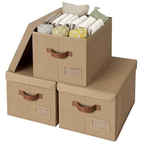 GRANNY SAYS Storage Bins with Lids, Storage Baskets for Linen Closet Shelves, Decorative Storage Boxes, Clothes Storage and Organization for Organizing, 3-Pack, Large, Brown - color: Brown, size: Large