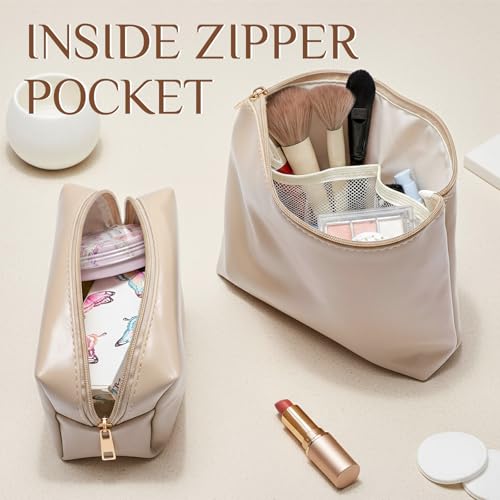 Kigeli 2 Pcs PU Leather Makeup Bag Set for Women Waterproof Aesthetic Cosmetic Bag Large & Small Travel Toiletry Organizer Pouch Skincare Organizer Bridesmaid Mother's Day Birthday Gift(Nude) - color: Nude