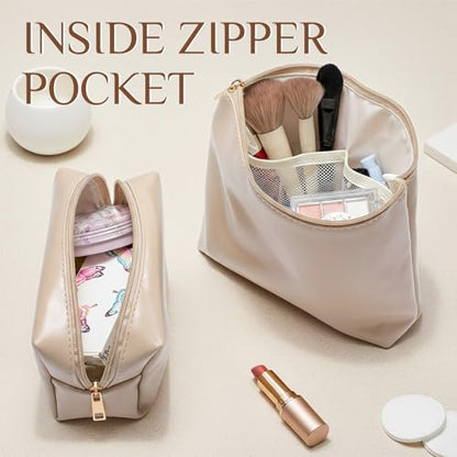 Kigeli 2 Pcs PU Leather Makeup Bag Set for Women Waterproof Aesthetic Cosmetic Bag Large & Small Travel Toiletry Organizer Pouch Skincare Organizer Bridesmaid Mother's Day Birthday Gift(Nude) - color: Nude