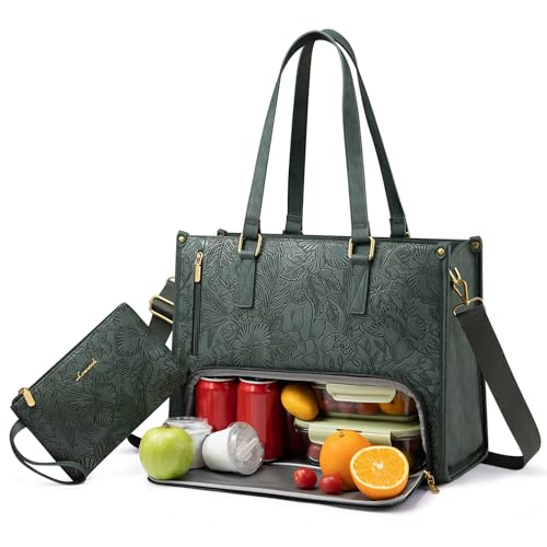 LOVEVOOK Lunch Tote Bag for Women, 15.6 Inch Laptop Bag with Insulated Lunch Compartment, Quilted Large Capacity Computer Handbag with Purse for Business, Work, Nurse, Office, Collage, Casual - color: Vintage Olive, size: 15.6 Inch